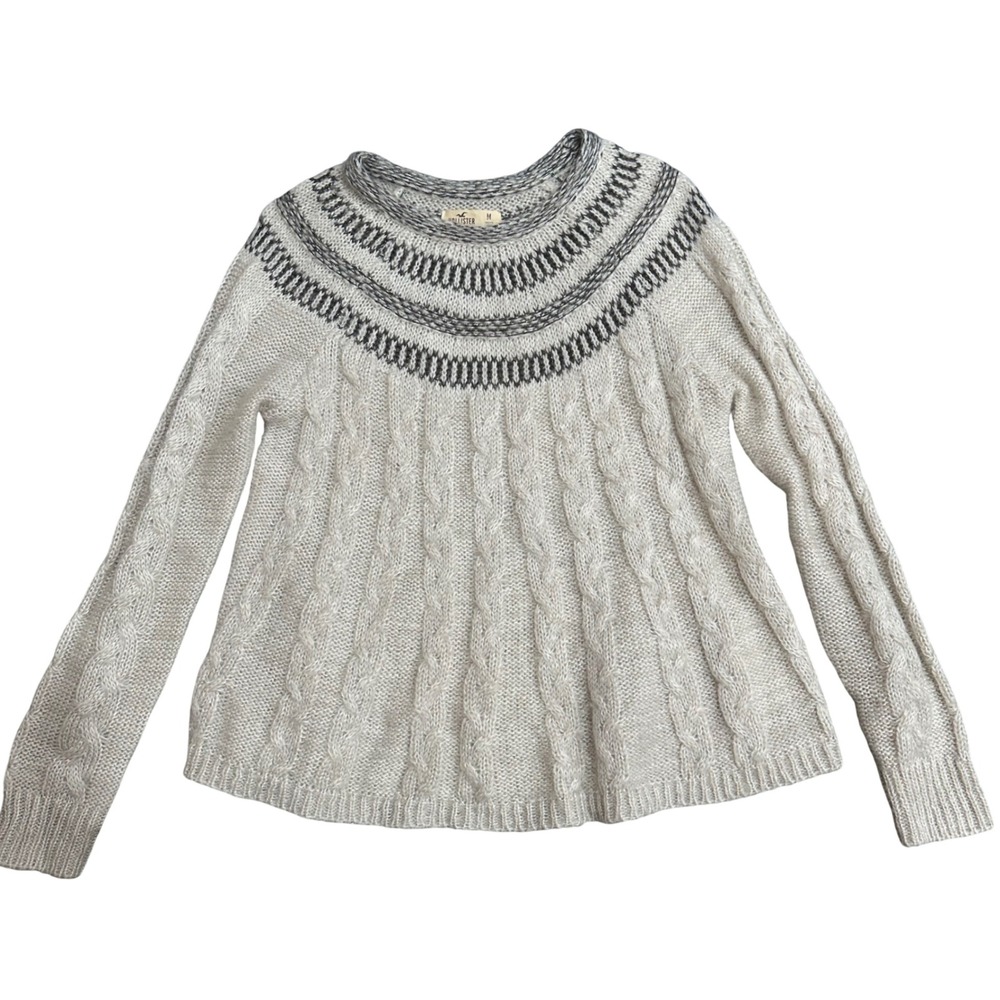 Hollister Cream Cable Knit Fair Isle Yoke Sweater Metallic Accents Womens Medium